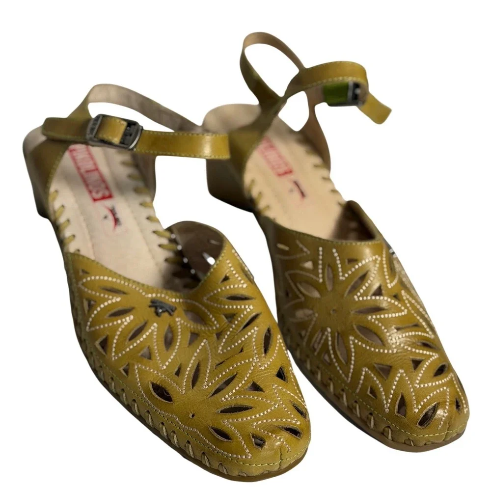 Pikolinos Sandals Olive Green Leather Laser Cut Out Ankle Strap Heels 36 Women